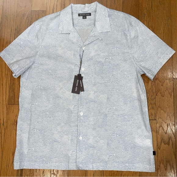Michael Kors Men's Printed Stretch Cotton Button Down Shirt White Blue XL NEW - Picture 3 of 7